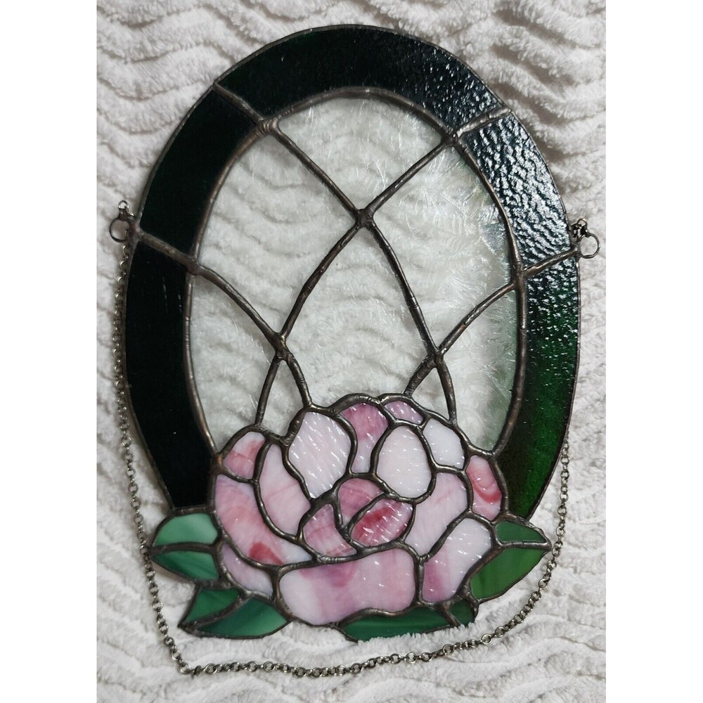 VINTAGE Stained Glass ROSE Hanging Tiffany Style Victorian FLORAL Design 7.5X10